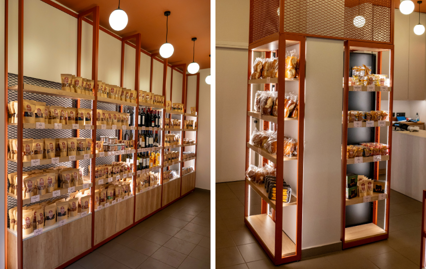 μεταλλικα επιπλα με ξυλινα ραφια delicatessen