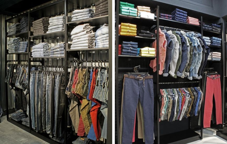 μπαρες κρεμασης ρουχων και ραφια ξυλινα για καταστημα ενδυσης