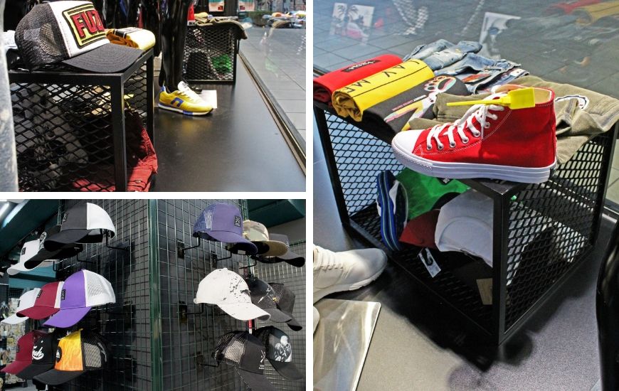 επιπλα καταστηματων με μεταλλικο πλεγμα κυβοι πλατες διακοσμηση